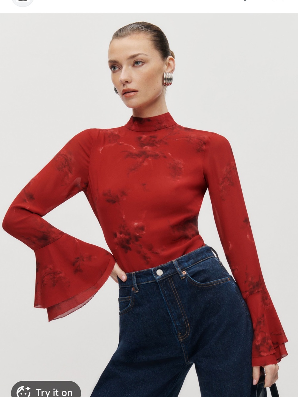 Reformation Red High-Neck Floral Print Bell-Sleeve Top